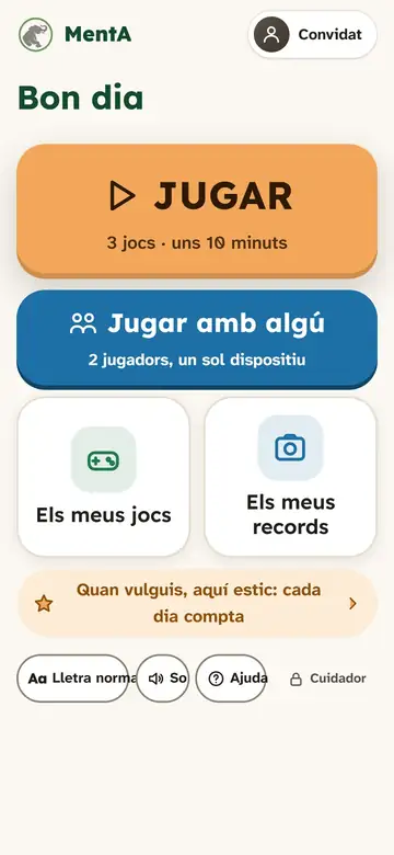 Pantalla d'inici de l'app a primera hora, amb la salutació «Bon dia» i el botó JUGAR
