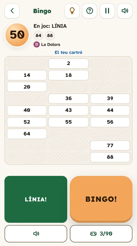 Partida de Bingo amb el cartró, els botons LÍNIA i BINGO i la bola cantada