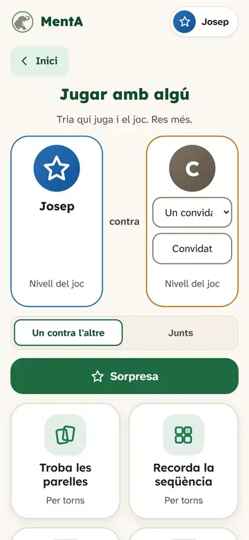 Pantalla «Jugar amb algú» per triar dos jugadors i el mode de joc